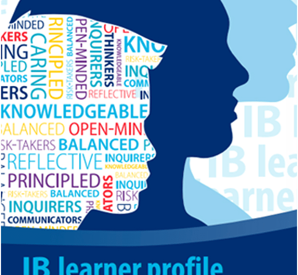 IB Learner Profile with the attributes written in the background in different colours.