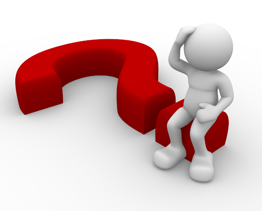 Graphic of a man sitting on a laid down question mark with his hand to his head, thinking.