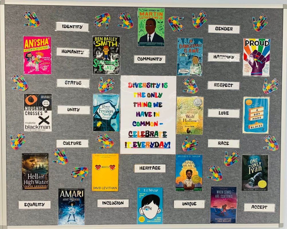 Books celebrating Diversity are shown on display in the School Library.