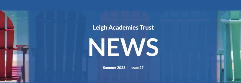 LAT Summer newsletter 2023 issue in a blue box with a cut off deck chair image either side of the text.