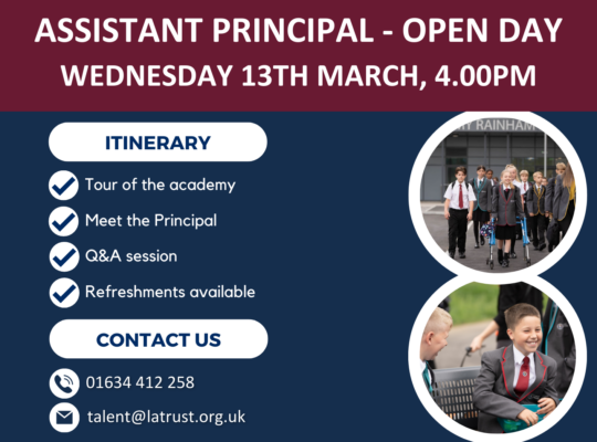 Leigh Academy Rainham Assistant Principal Open Day Flyer - Wednesday 13th March 2024, 4pm