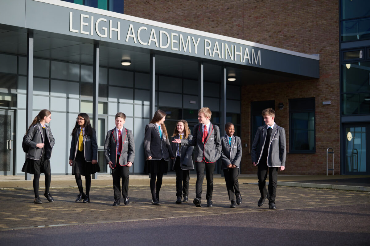 Students at Leigh Academy Rainham walking outside their building