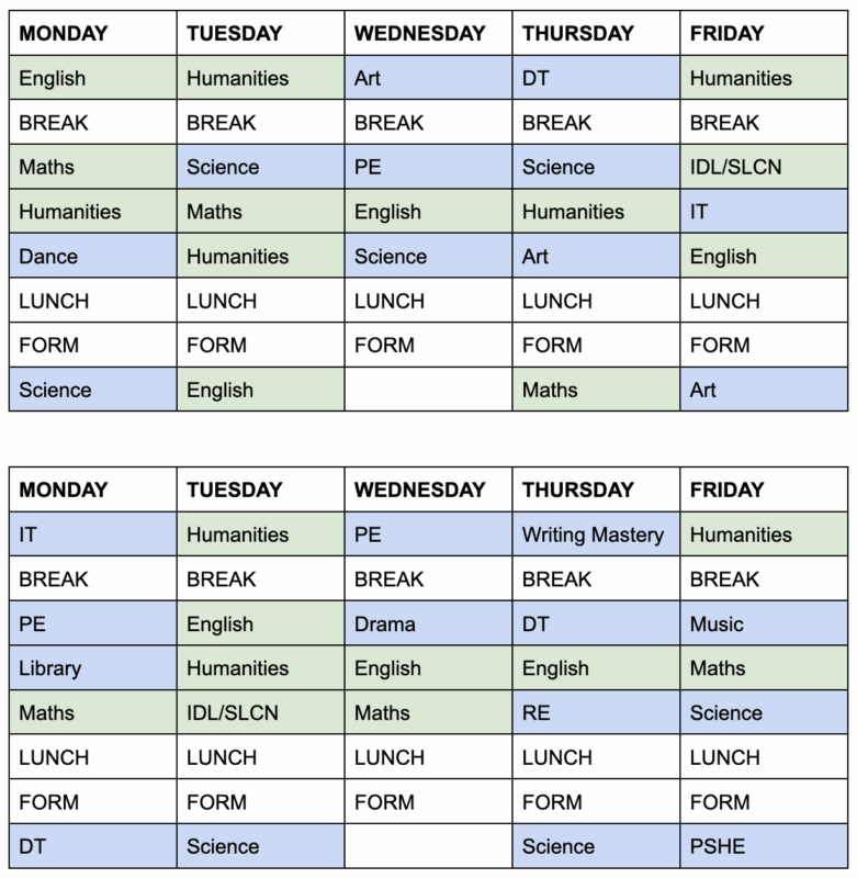 Example student SRP timetable