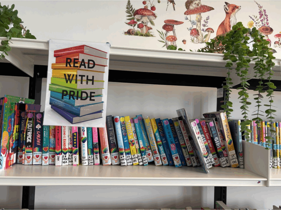 LGBTQ+ book display in the library