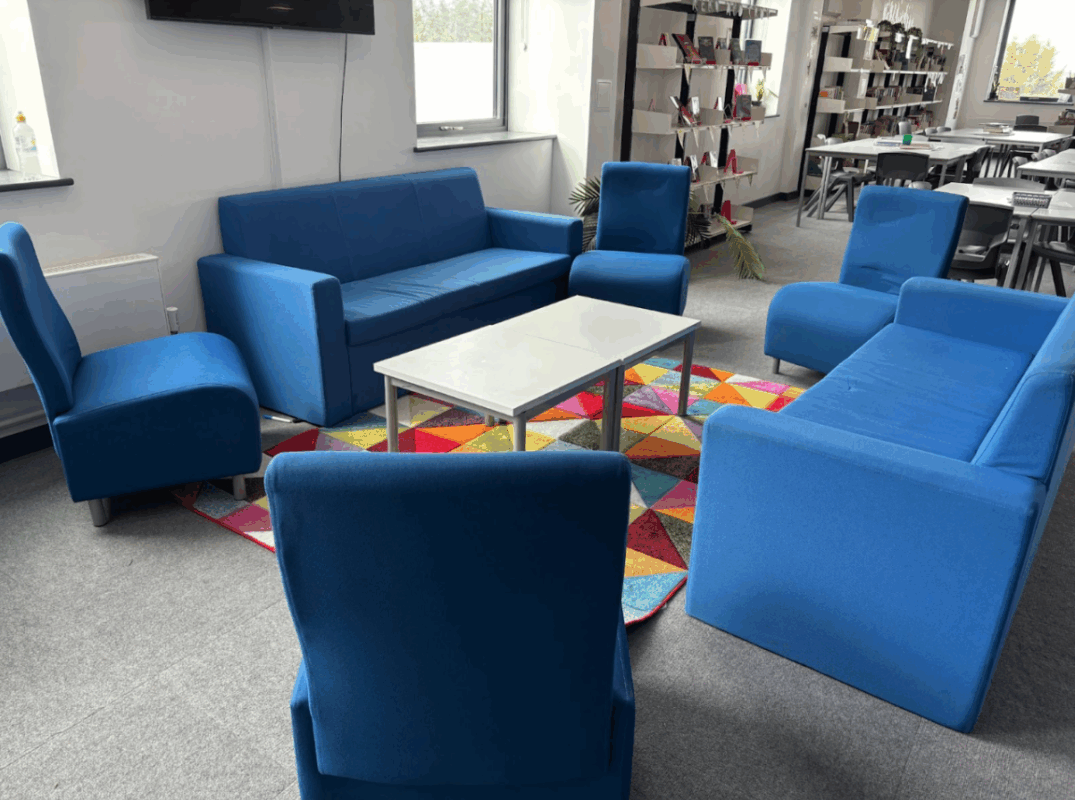 Library sofa and comfy chairs
